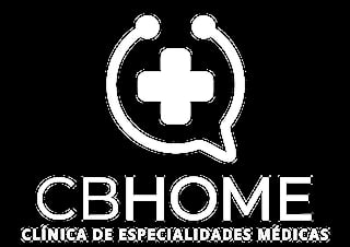 CBHOME medical clinic logo with speech bubble, medical cross icon, and Portuguese text for specialties medical clinic
