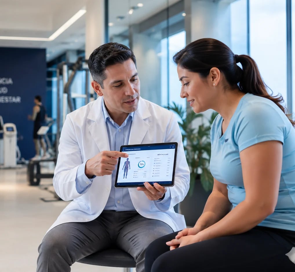 Doctor in white coat discussing medical chart on tablet with female patient in modern clinical office setting