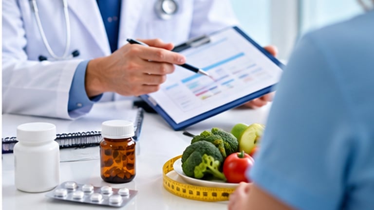 Doctor reviewing nutrition chart with patient, fresh vegetables and measuring tape on desk