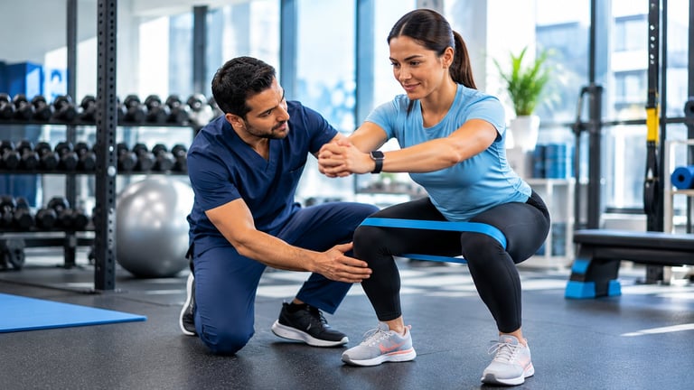 Personal trainer guiding woman through leg exercise in gym, demonstrating proper form with resistance band