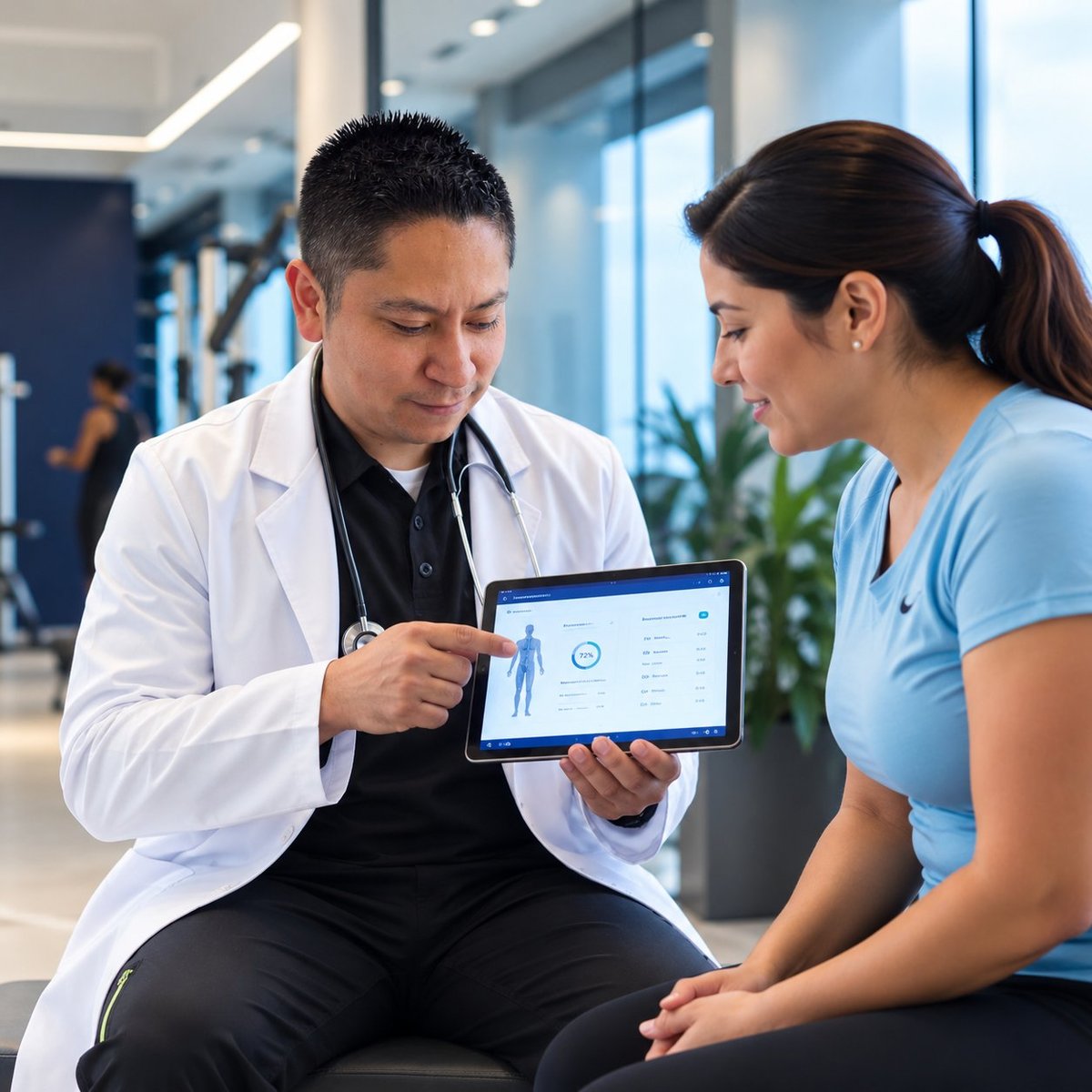 Doctor in white coat showing patient medical chart on tablet in modern healthcare office setting