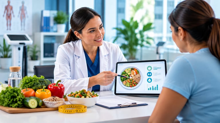 Dietitian in white coat consulting with patient about healthy meal plan, showing nutrition data on tablet with fresh vegetables on desk