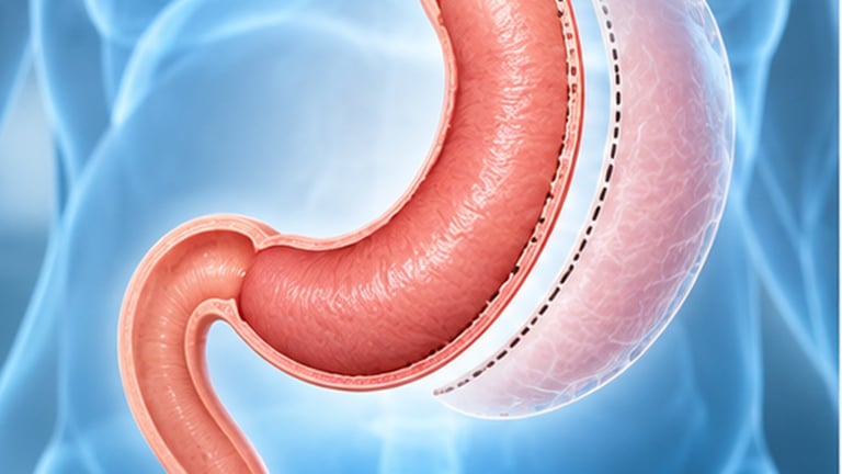 Anatomical illustration of human stomach showing internal structure against blue medical background