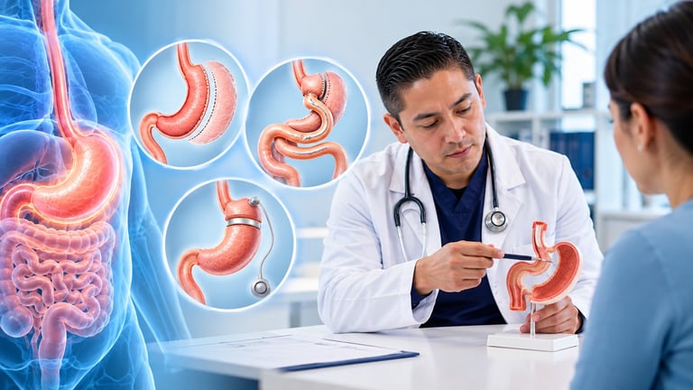 Doctor explaining digestive system with anatomical illustrations of stomach to patient in clinic office