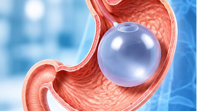 Medical illustration of a stomach showing a large purple bubble or mass inside the organ against a blue background