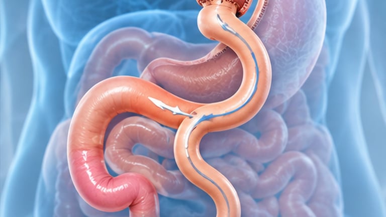 Anatomical illustration of the stomach and small intestine showing the digestive system organs in cross-section against a blue background
