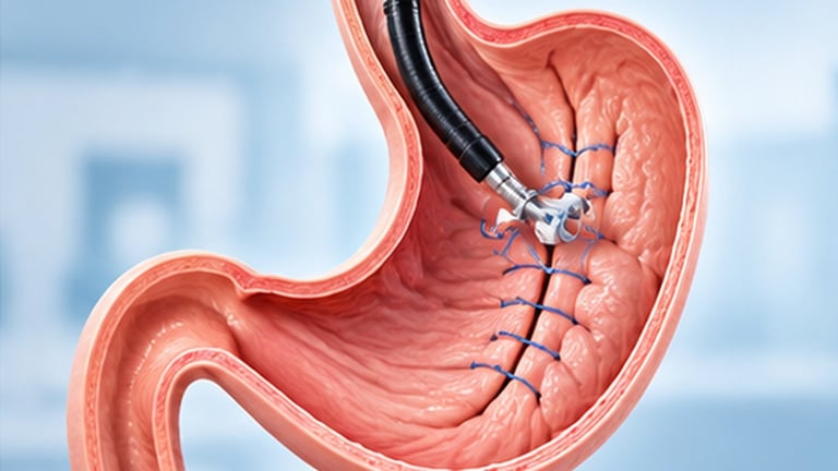 Medical illustration of gastric bypass surgery showing stapled stomach with surgical instrument inside the organ